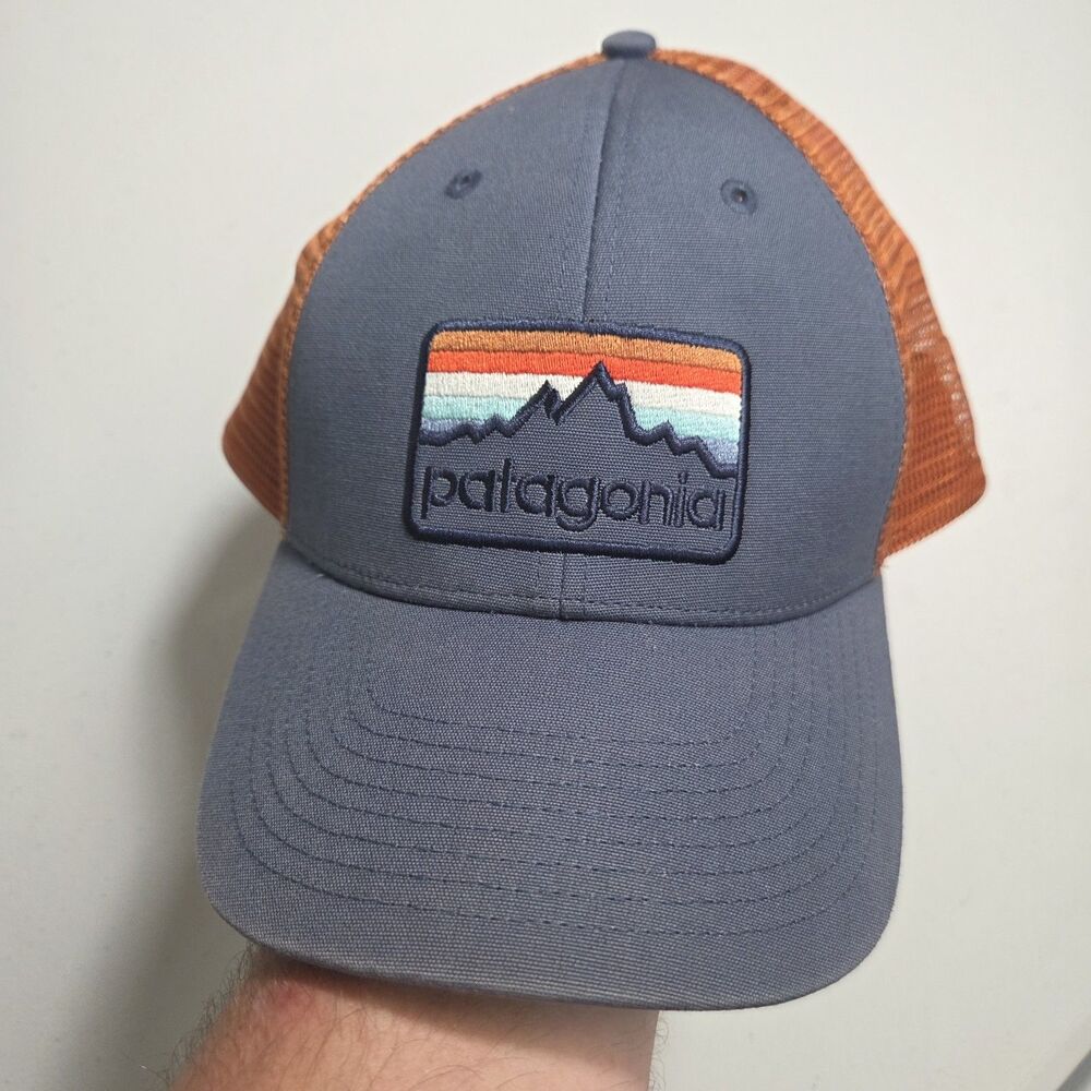 Patagonia Trucker Hat Mens OSFA Slate Blue Burnt Orange Fitz Roy Stripe